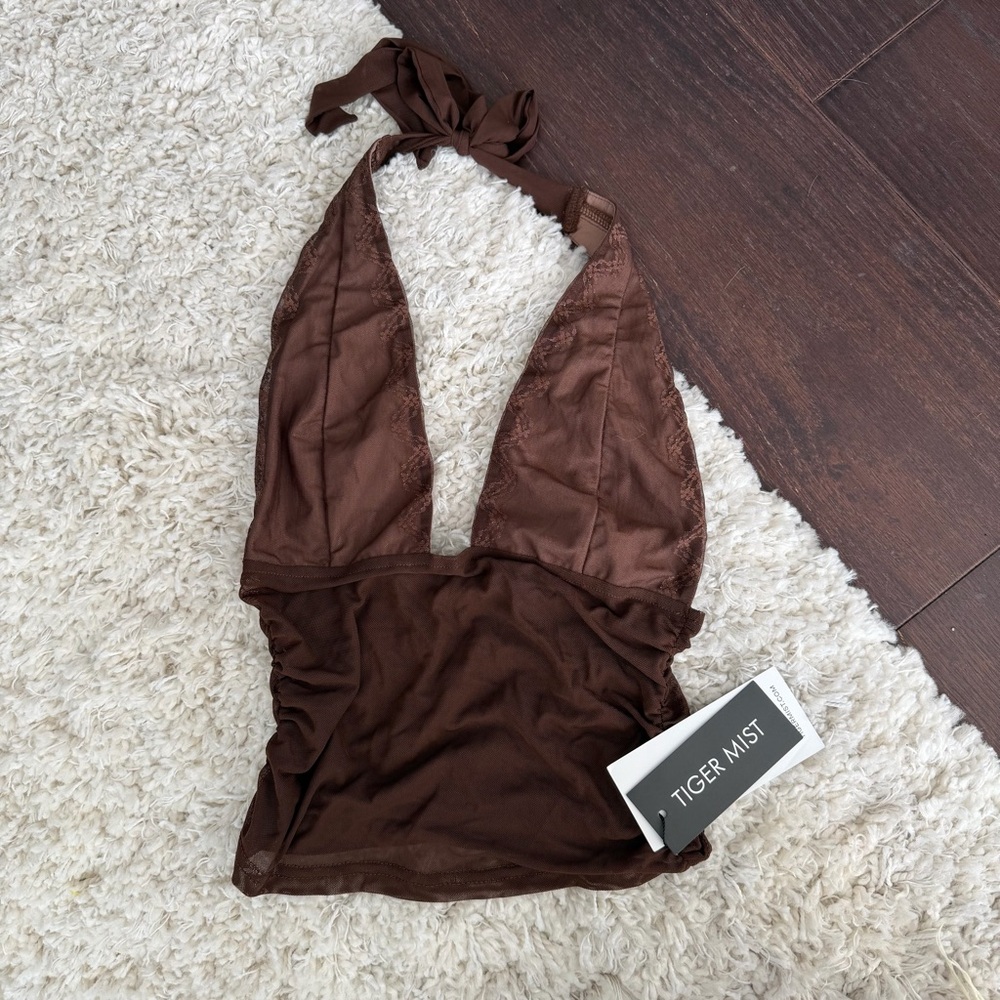 Tiger Mist Chocolate Brown Mesh Bresily Halter Top